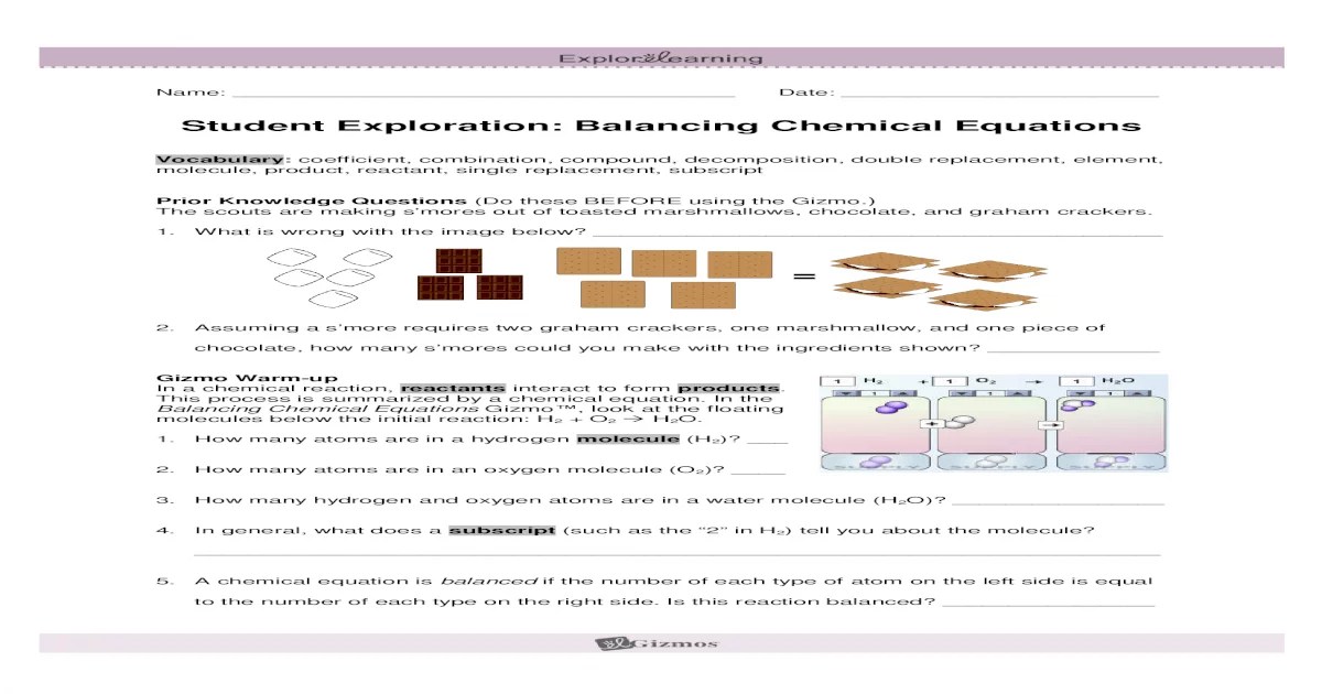 Balancing chemical equations gizmo answer key activity b